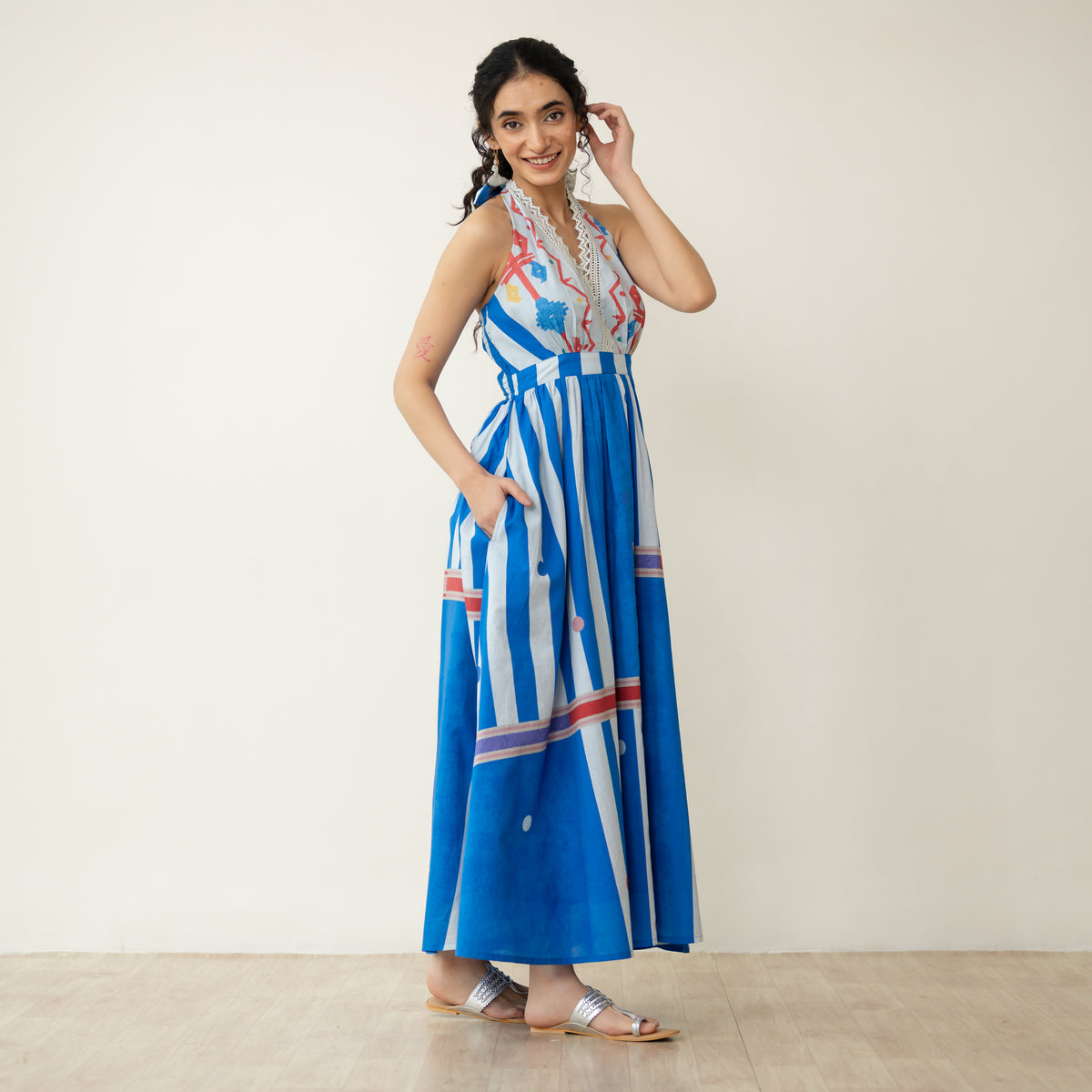Blueberry Tart Halter Tie Mulmul Lace Dress - Blue