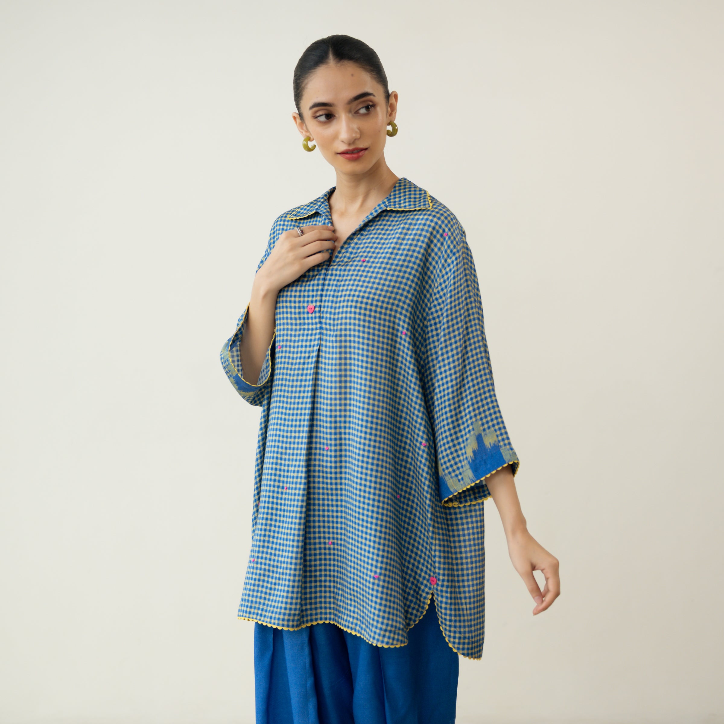 Bon Bon Hand Embroidered Elevated Shantoon Tunic - Electric Blue & Lime