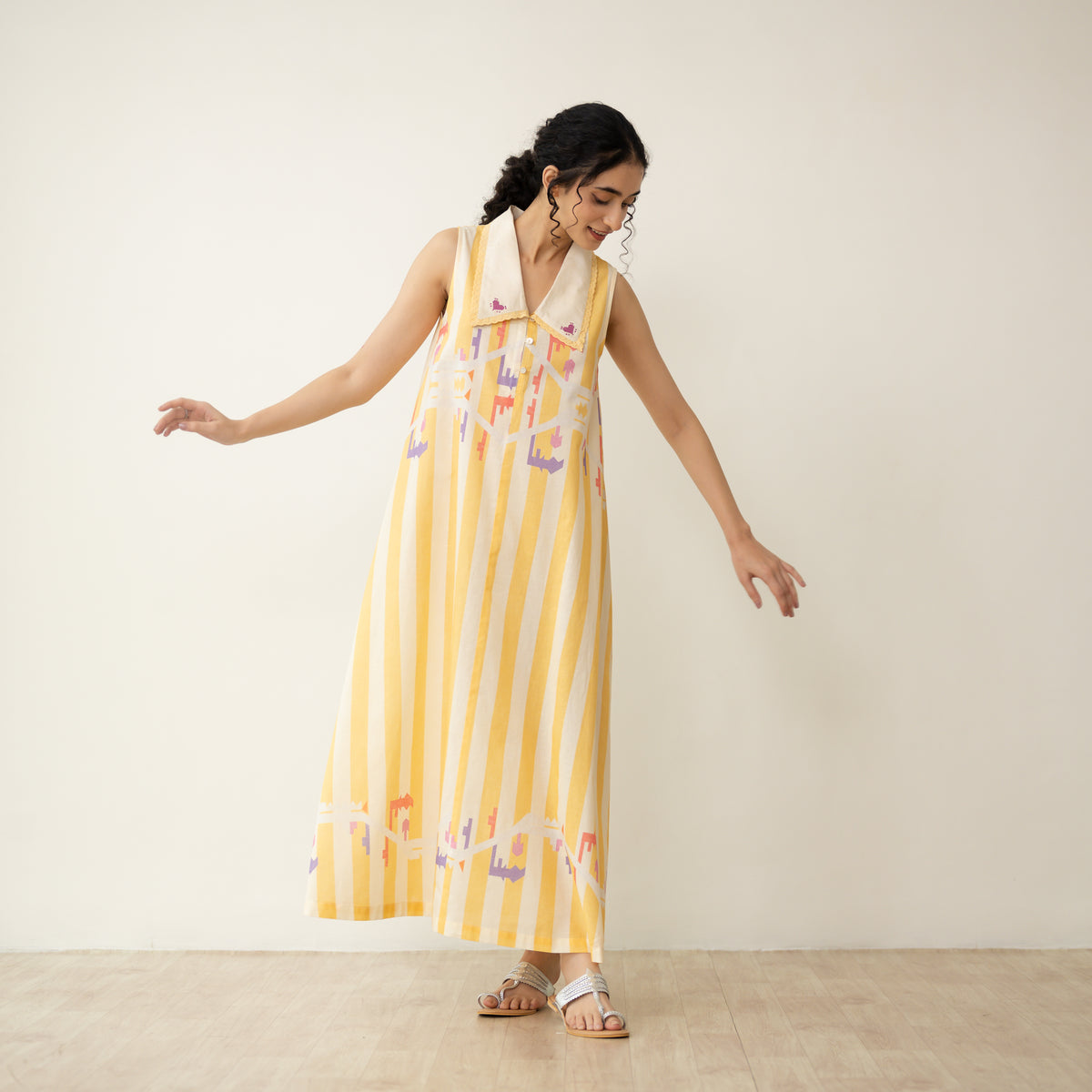 Poppy Striped Mulmul Dress - Mango Yellow