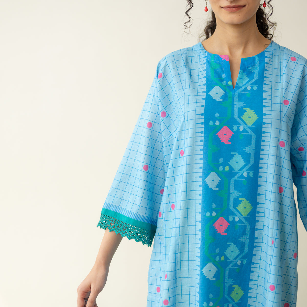 Sitara Front Panelled Mulmul Kurta - Asmani Blue