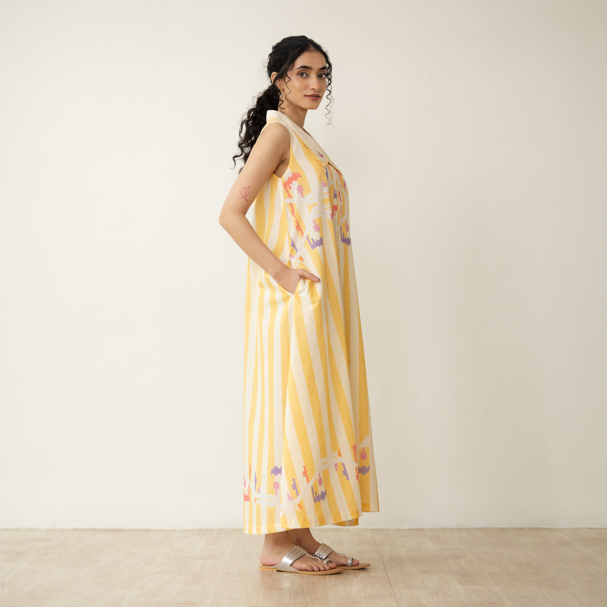 Poppy Striped Mulmul Dress - Mango Yellow