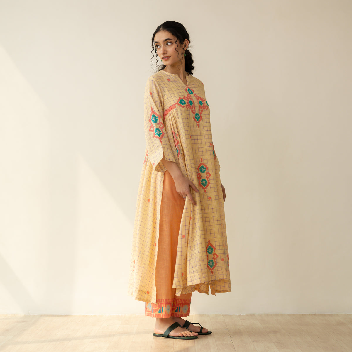 Mogra Kota Doria Kurta Set - Apricot Yellow