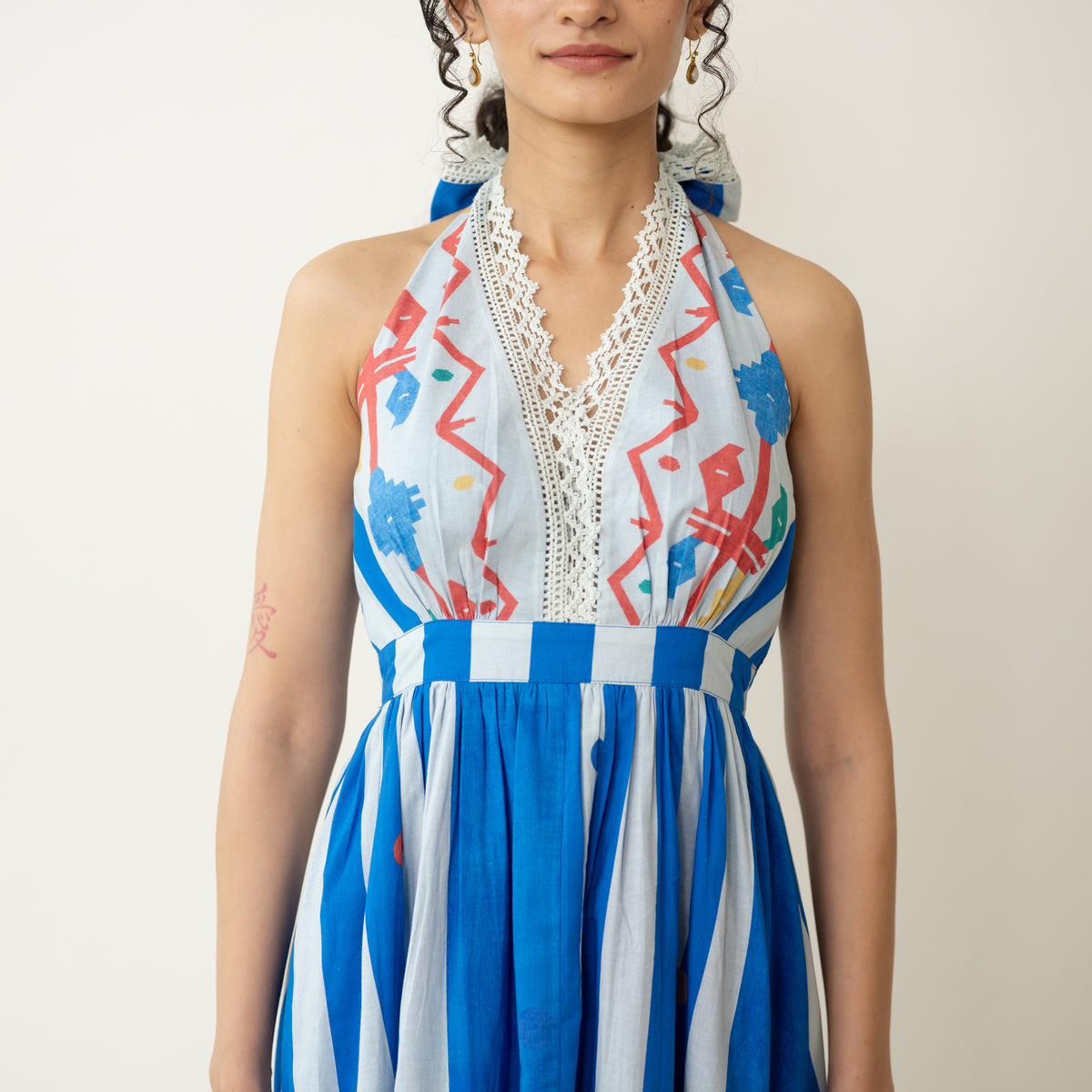 Blueberry Tart Halter Tie Mulmul Lace Dress - Blue