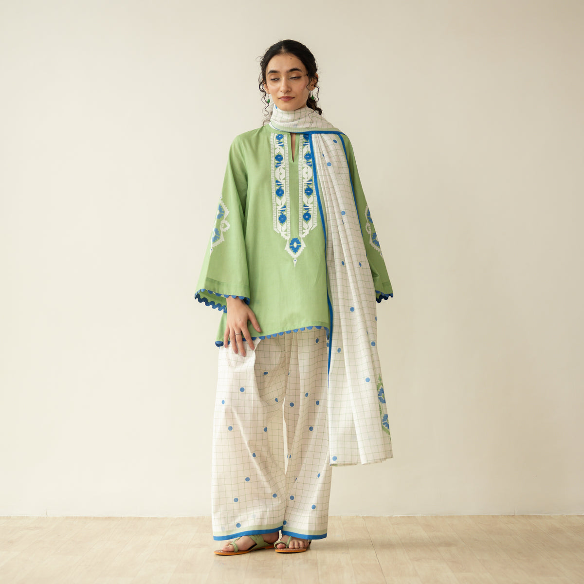 Dot & Dash Mulmul Farshi Set - Matcha Green