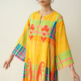 Ambi Patchwork Cotton Slub Kurta - Yellow & Red