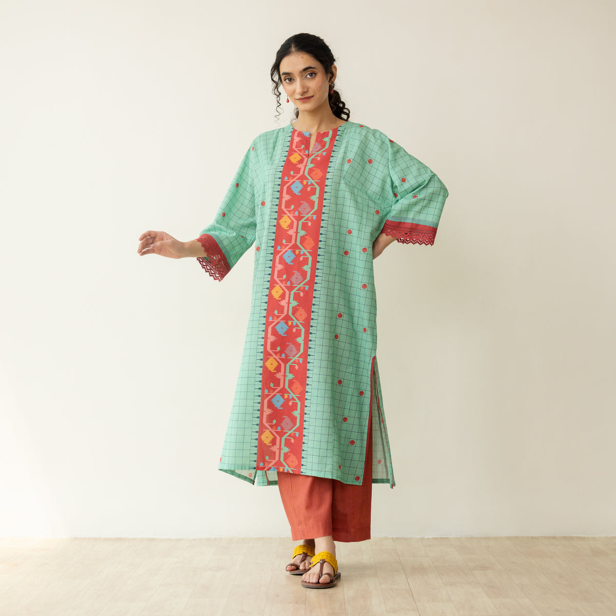 Sitara Front Panelled Mulmul Kurta - Mint Green