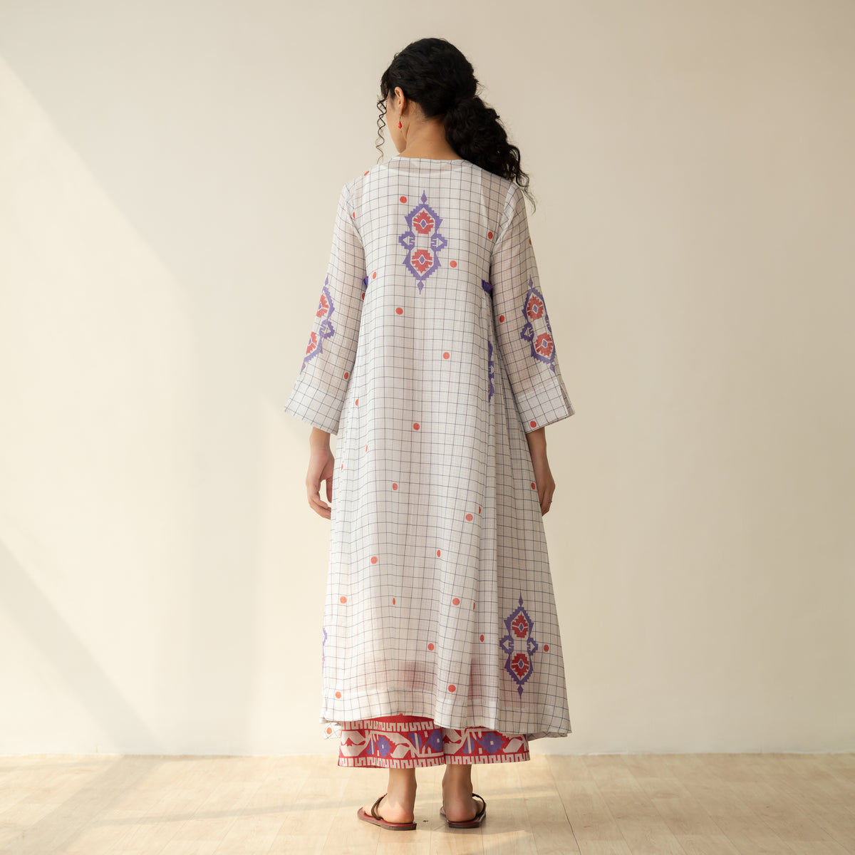 Mogra Kota Doria Kurta Set - Milky White & Tomato Red
