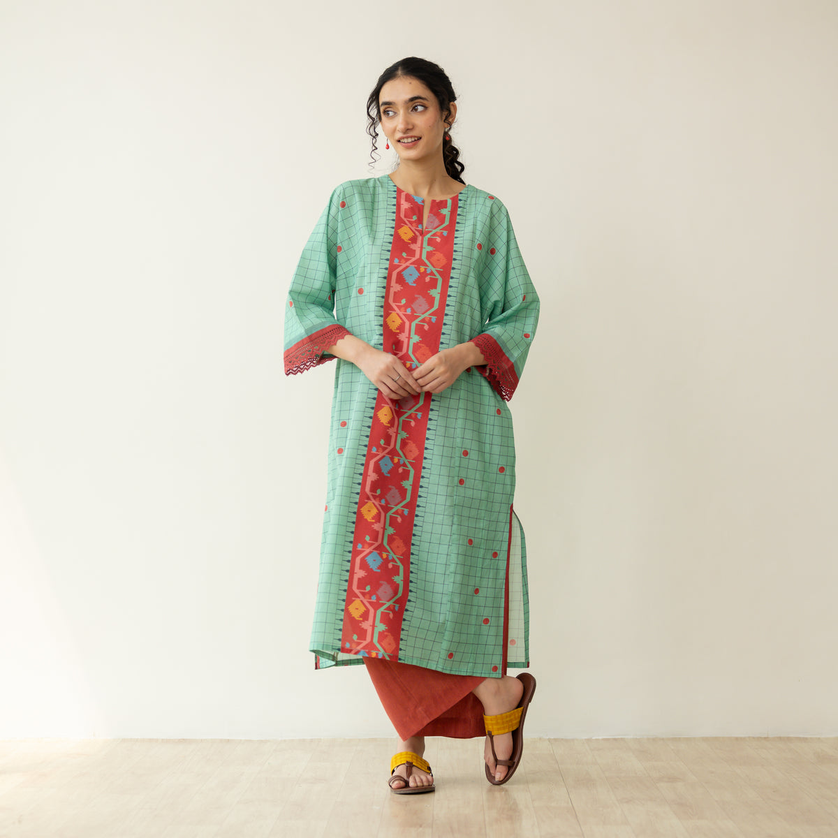 Sitara Front Panelled Mulmul Kurta - Mint Green