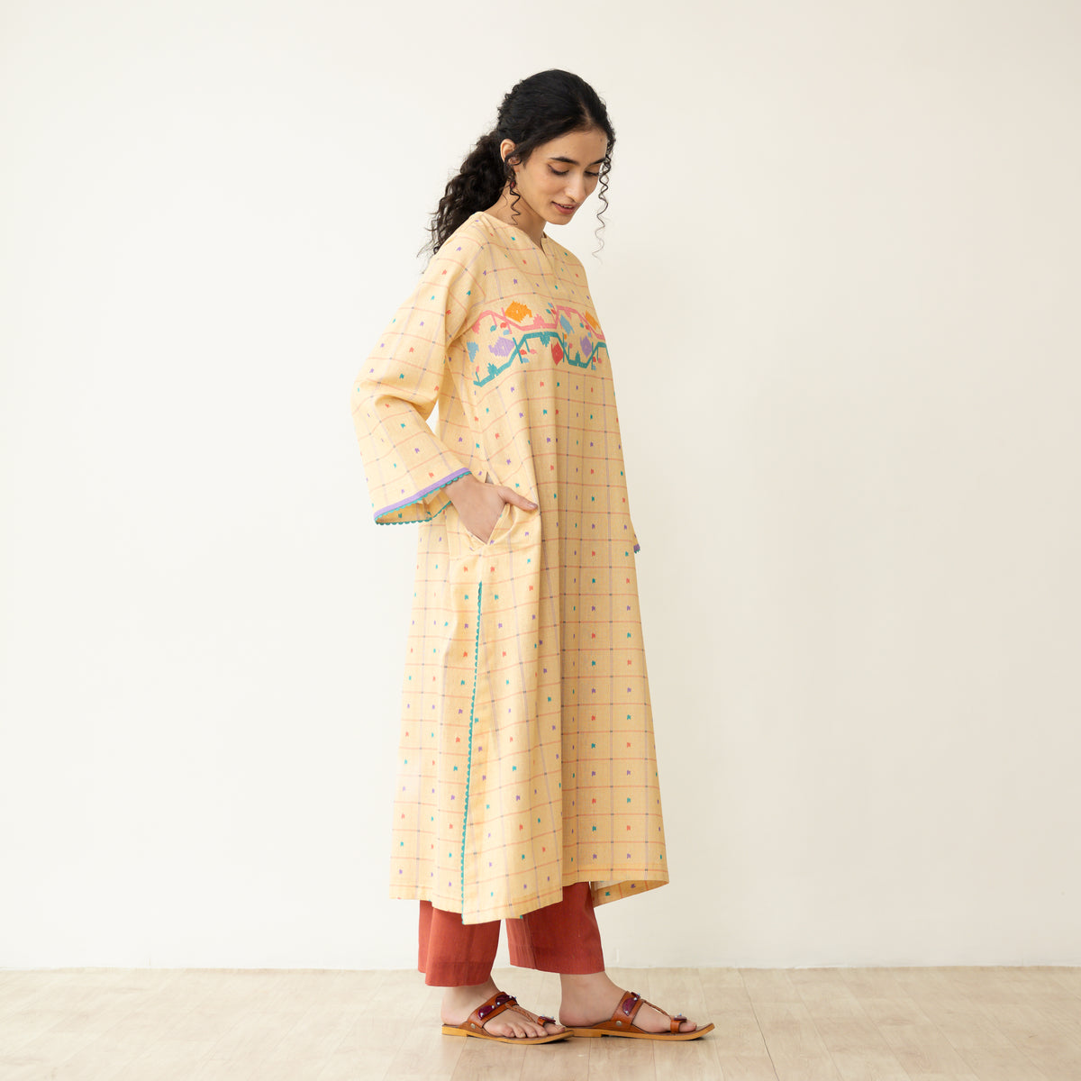 Doodle Embroidered Cotton Kurta - Mango Yellow