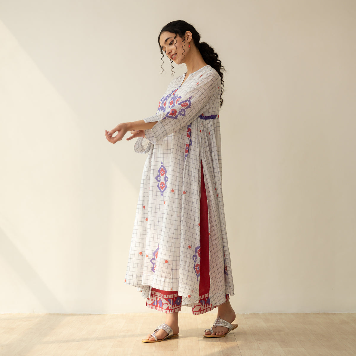Mogra Kota Doria Kurta Set - Milky White & Tomato Red