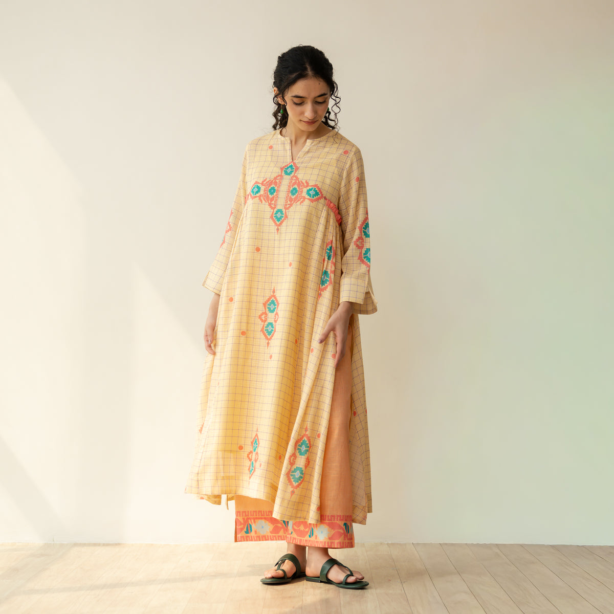 Mogra Kota Doria Kurta Set - Apricot Yellow