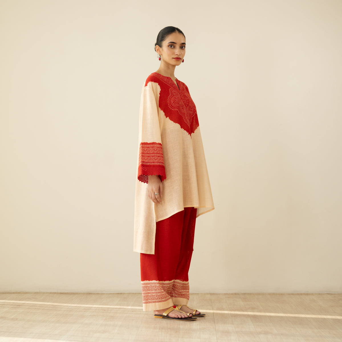 Nakhra Elevated Cotton Slub Coord Set - Beige & Red