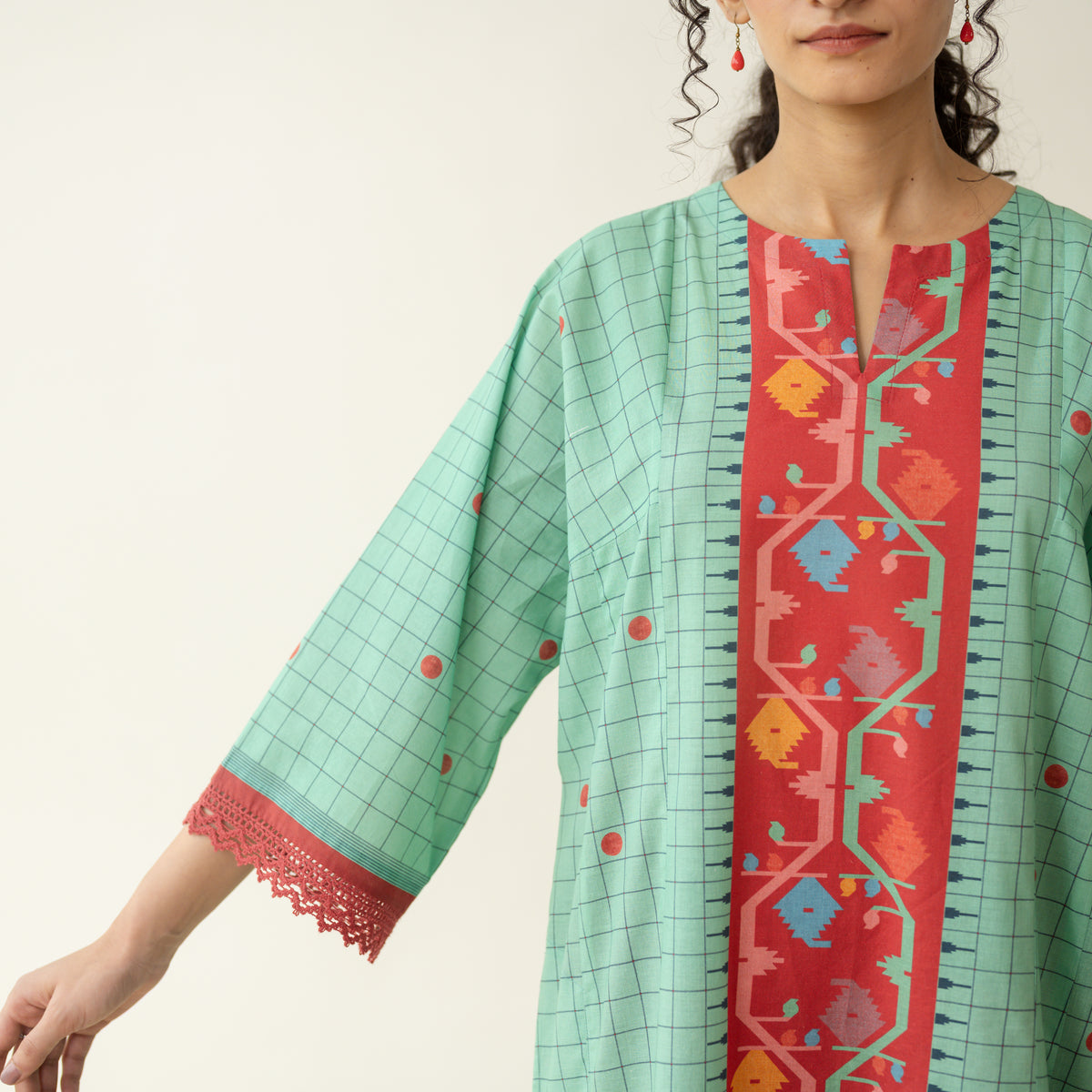 Sitara Front Panelled Mulmul Kurta - Mint Green