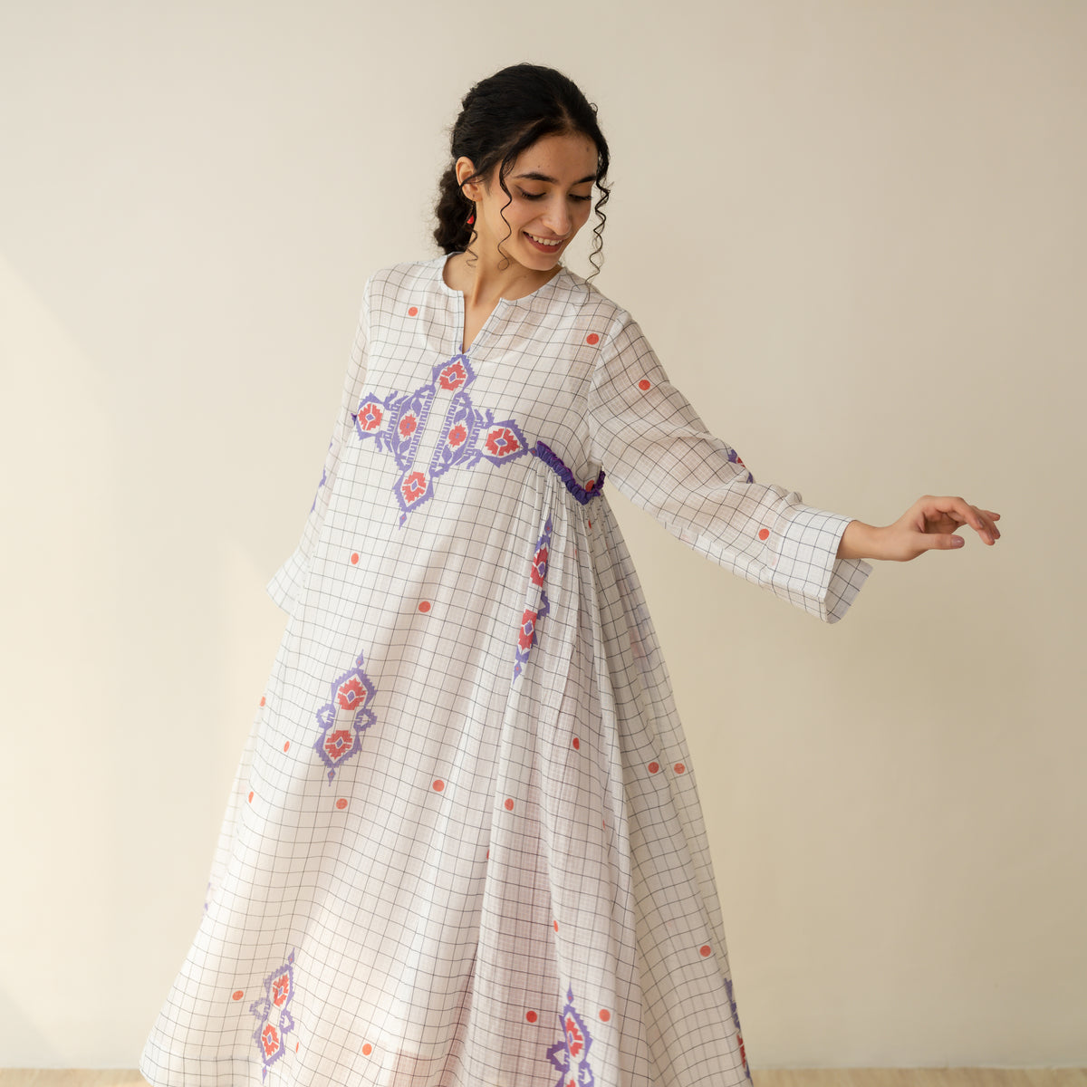 Mogra Kota Doria Kurta Set - Milky White & Tomato Red