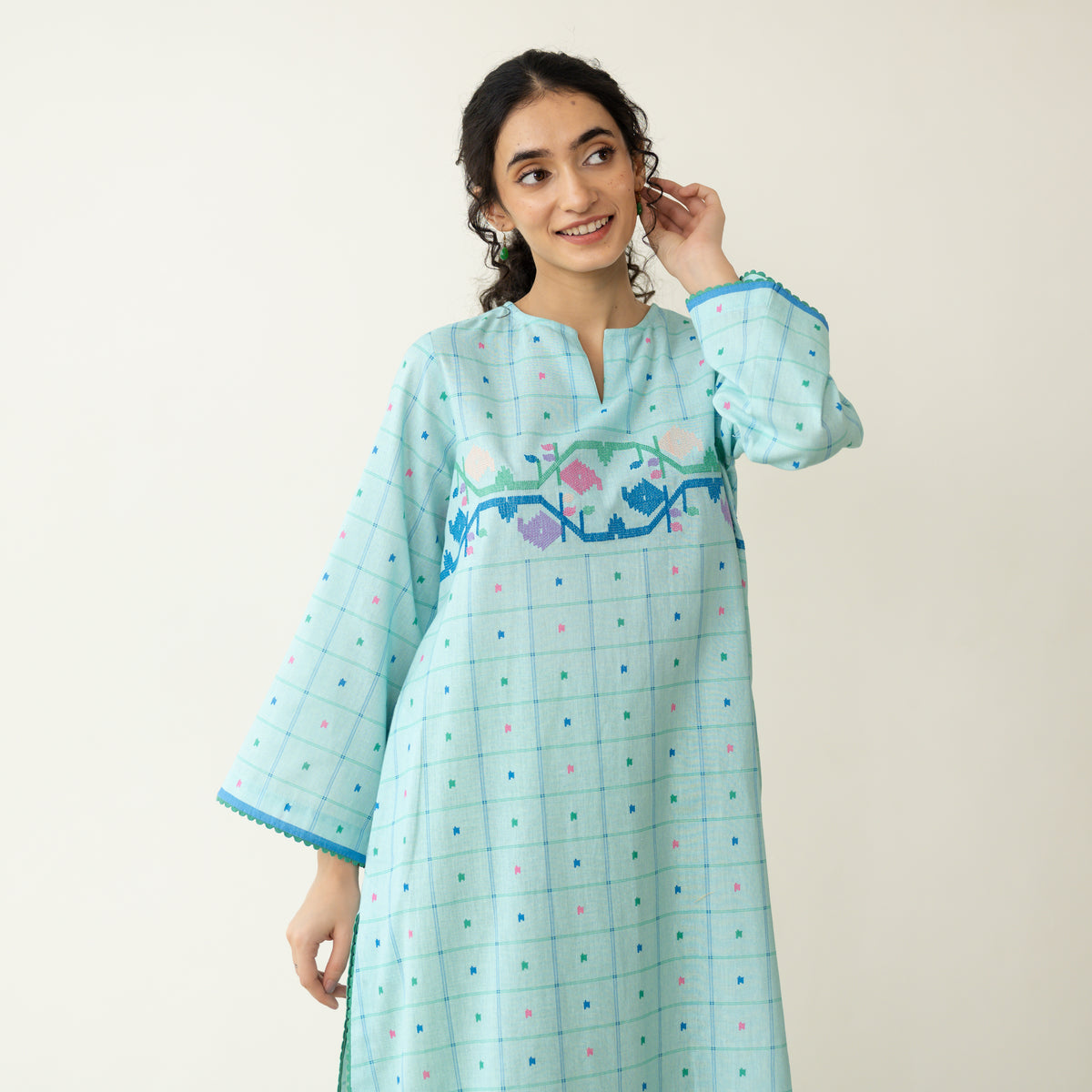 Doodle Embroidered Cotton Kurta - Mint