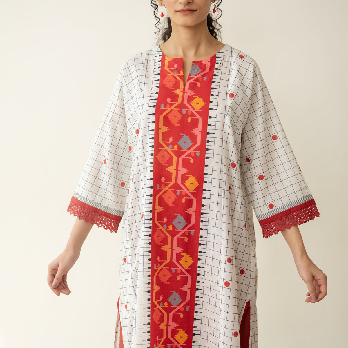 Sitara Front Panelled Mulmul Kurta - Creme White