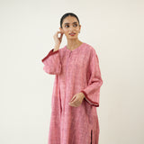 Highlighted Lace Neck Detail Slub Cotton Kurta - Dusty Pink