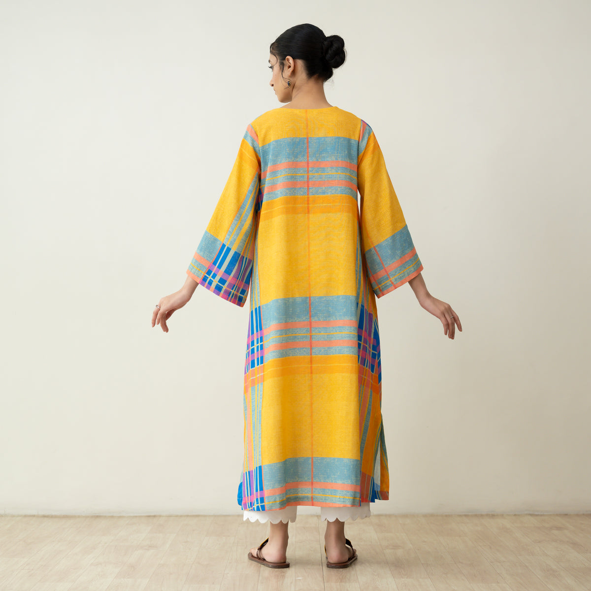 Ambi Patchwork Cotton Slub Kurta - Yellow & Blue