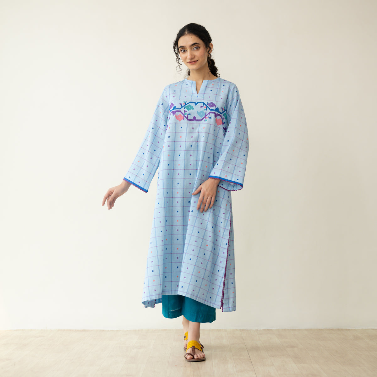 Doodle Embroidered Cotton Kurta - Asmani Blue
