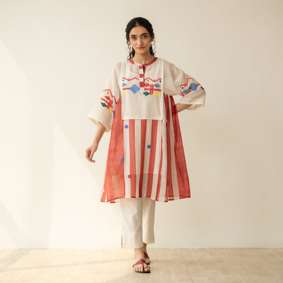 Rumi Embroidered Chanderi Coord Set - Tomato Red