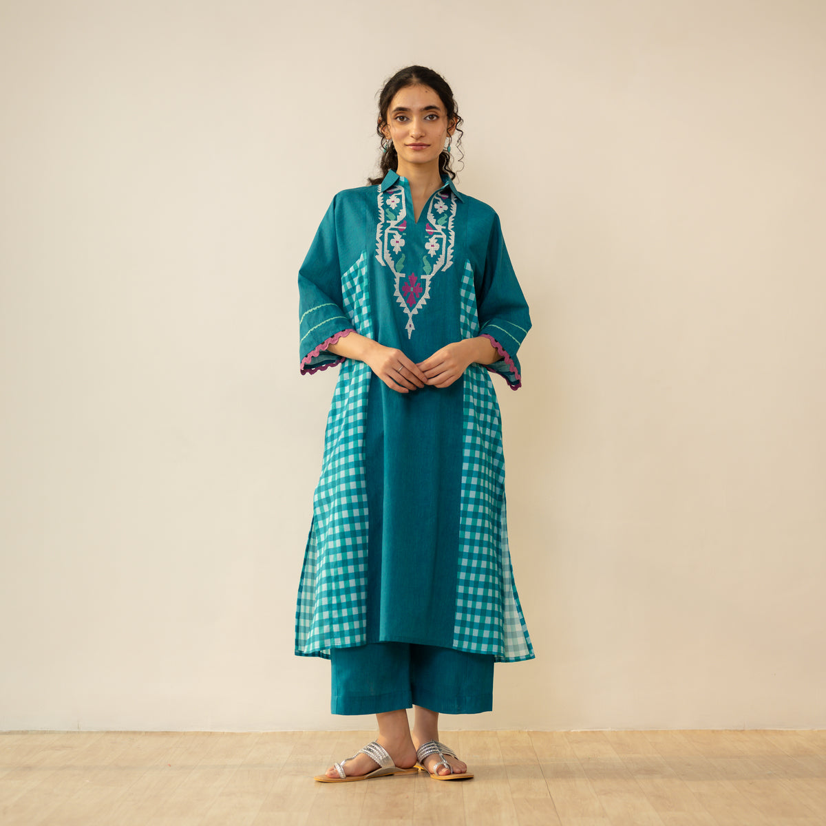 Aabha Embroidered Cotton Slub Kurta - Deep Teal