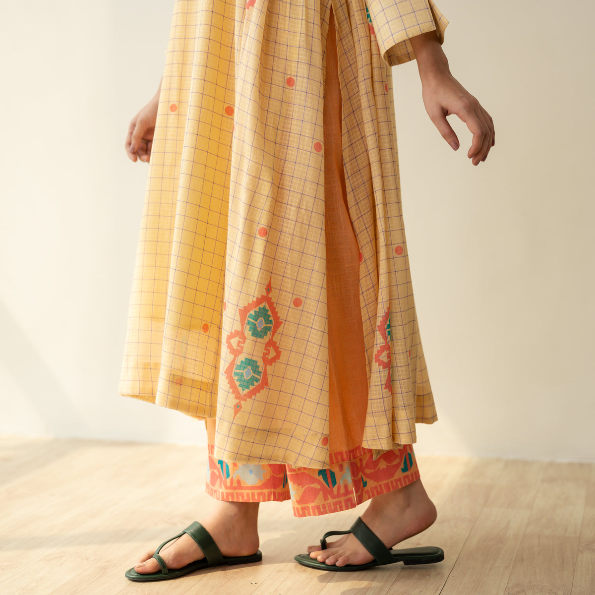 Mogra Kota Doria Kurta Set - Apricot Yellow