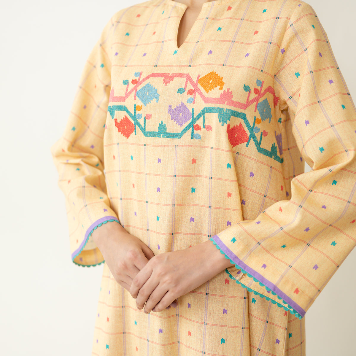 Doodle Embroidered Cotton Kurta - Mango Yellow