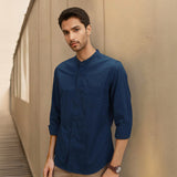 Navy Mandarin Collar Solid Linen Cotton Shirt for Men
