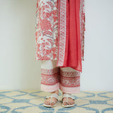 Peach Red Sanganeri Printed Cotton Kurta Set with Contrast Mul Cotton Dupatta