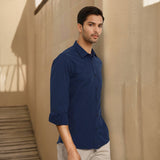 Navy Solid Linen Cotton Shirt for Men