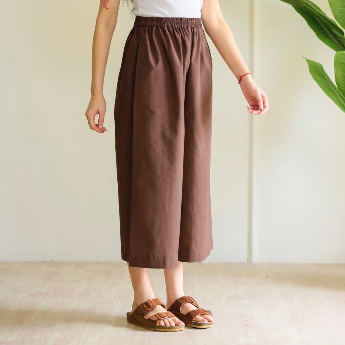 High Waist Elasticated Cotton Culottes - Choco Brown