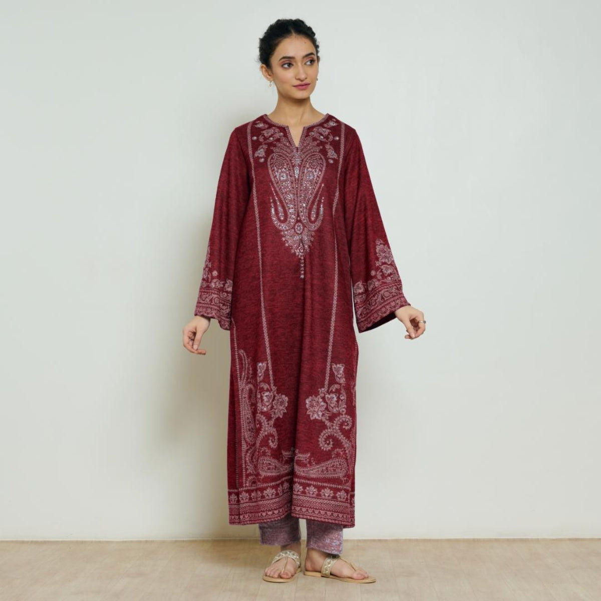 Nura Hand Embroidered Woollen Long Kurta - Maroon
