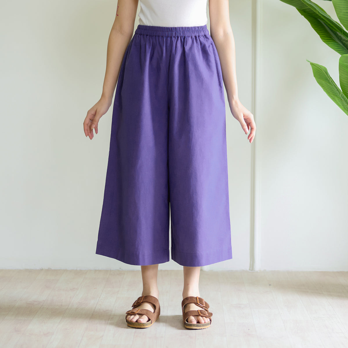 High Waist Elasticated Cotton Culottes - Violet