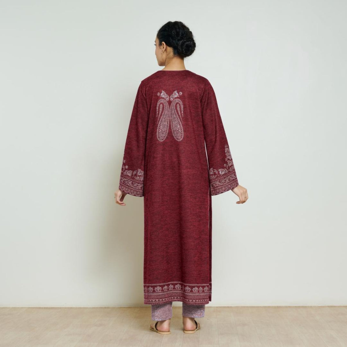 Nura Hand Embroidered Woollen Long Kurta - Maroon