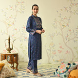 Navy Blue Embroidered & Floral Printed Woollen Kurta Pant Set