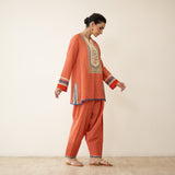 Nazreen Lace Detailed Slub Cotton Salwar Set - Rust