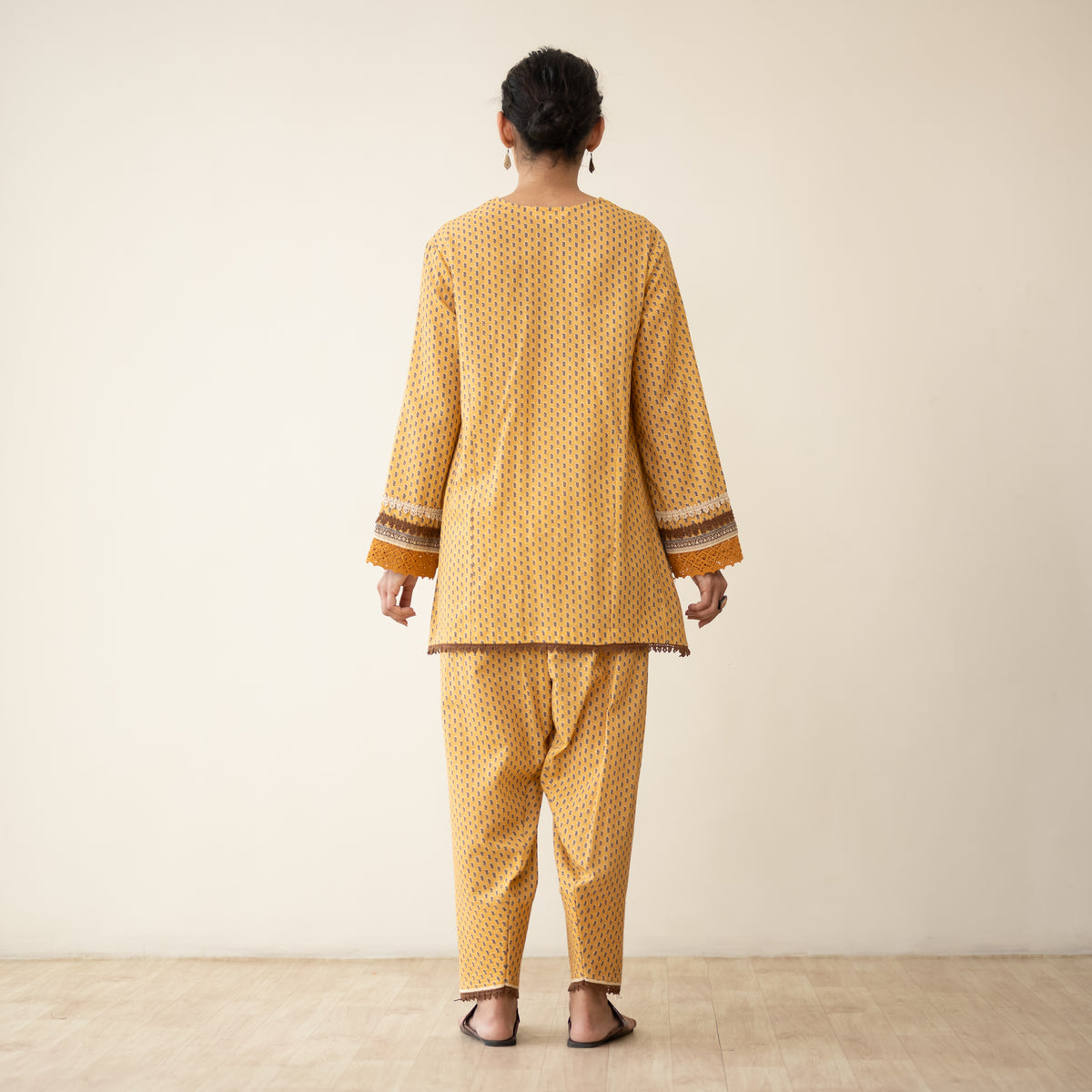 Nazreen Lace Detailed Slub Cotton Salwar Set - Ochre