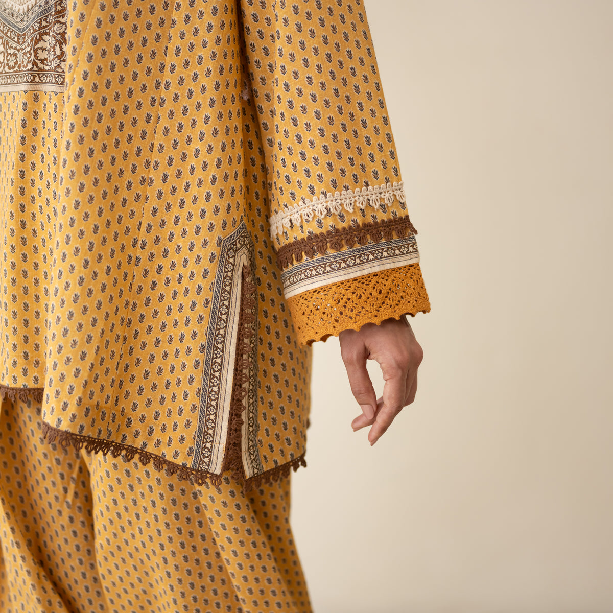 Nazreen Lace Detailed Slub Cotton Salwar Set - Ochre