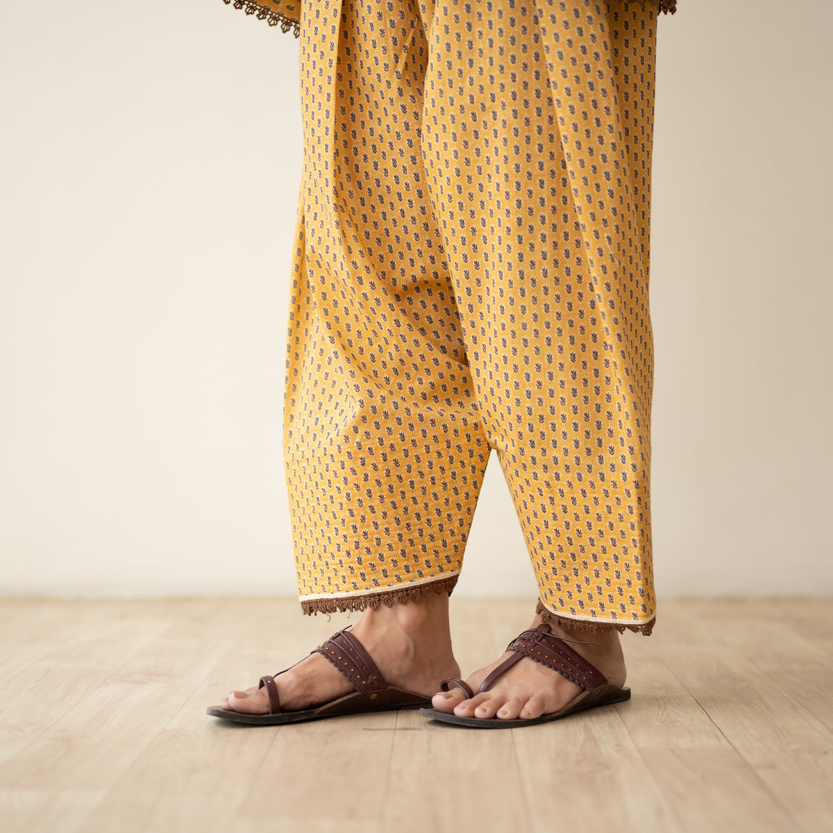 Nazreen Lace Detailed Slub Cotton Salwar Set - Ochre