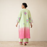 Cherry Blossom Embroidered Linen Cotton Kurta Set - Pista Green & Candy Pink
