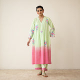 Cherry Blossom Embroidered Linen Cotton Kurta Set - Pista Green & Candy Pink