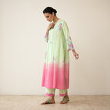 Cherry Blossom Embroidered Linen Cotton Kurta Set - Pista Green & Candy Pink