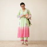 Cherry Blossom Embroidered Linen Cotton Kurta Set - Pista Green & Candy Pink
