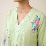 Cherry Blossom Embroidered Linen Cotton Kurta Set - Pista Green & Candy Pink