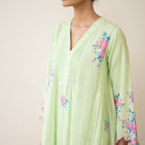 Cherry Blossom Embroidered Linen Cotton Kurta Set - Pista Green & Candy Pink