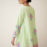 Cherry Blossom Embroidered Linen Cotton Kurta Set - Pista Green & Candy Pink