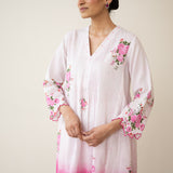 Cherry Blossom Embroidered Linen Cotton Kurta Set - Cherry Pink