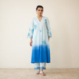 Cherry Blossom Embroidered Linen Cotton Kurta Set - Ocean Blue