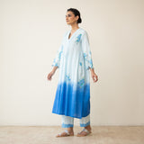 Cherry Blossom Embroidered Linen Cotton Kurta Set - Ocean Blue