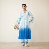 Cherry Blossom Embroidered Linen Cotton Kurta Set - Ocean Blue